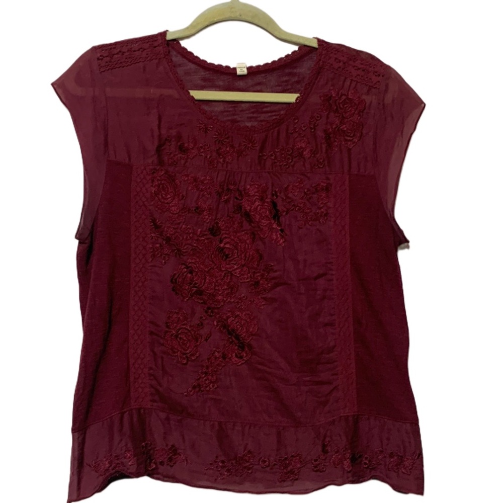 Tiny Anthropologie Dark Red Boho Embroidered Top